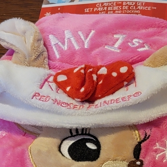 RUDOLPH  Baby's 1st Christmas baby set new hat bib stocking pink - Picture 5 of 6